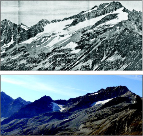Figure 2. The Levanna Orientale Glaciers viewed looking West from Barrouard (2856 m). The upper photo was taken in 1902 by C. Grosso, the lower photo by F. Rogliardo in 2011 (source: CGI archives).