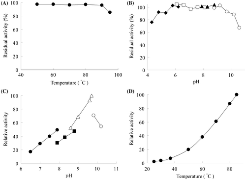 Fig. 3. Biophysical properties of recombinant TgGDH.Notes: (A) Effect of temperature on the stability of recombinant TgGDH. GDH solution was incubated at various temperatures for 30 min, immediately cooled, and residual activity was measured at pH 8.0 and 60 °C, (B) Effect of pH on the stability of recombinant TgGDH. Enzyme was incubated at 25 °C for 24 h in citrate buffer (closed diamonds), potassium phosphate buffer (open squares), bicine buffer (closed triangles), and glycine buffer (open circles), and residual activity was measured at pH 8.0 and 60 °C, (C) Effect of pH on the activity of recombinant TgGDH. Measurements were carried out in potassium phosphate buffer (closed circles), bicine buffer (closed squares), CHES-NaOH buffer (open triangles), and glycine buffer (open circles), and (D) Effect of temperature on the activity of recombinant TgGDH. Activity was measured at various temperatures from 25 to 85 °C.