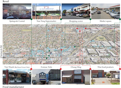 Figure 9. Geographical spread of food manufacturing and retail in Springvale, Google Maps, Image editing by authors. Photographs by authors.