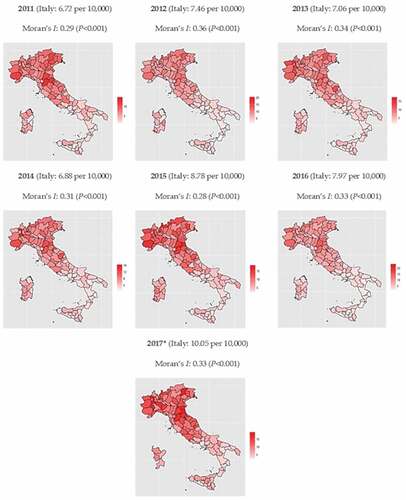 Figure 1. Choropleth maps of pneumonia- and influenza-related mortality rates (per 10,000) in older adults aged ≥65 years, by year.