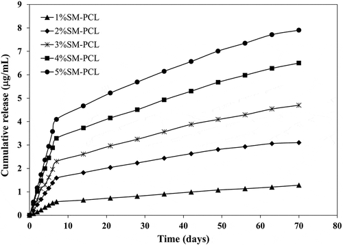 Figure 6. Sesamin release profile of PCL nanofiber loaded with different concentrations of loaded sesamin at 1–5 wt% (1%SM-PCL – 5%SM-PCL).