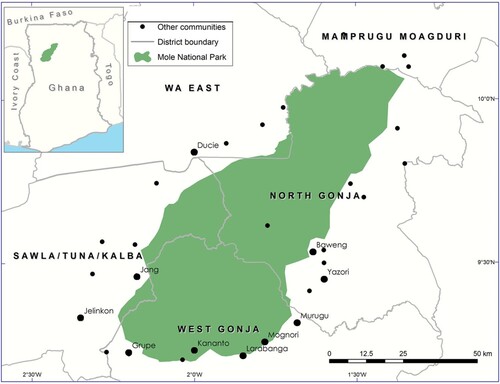 Figure 1. A map showing the districts and landmarks within the savannah ecological zone of the study area (Google map data, 2022).