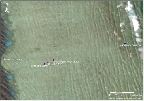 Figure 7. Artefact Clusters One (anchor chain), Two (Anchor A2) and Three (eastern reef flat) comprising the shipwreck site at Boot Reef (image: Irini Malliaros and Digital Globe).