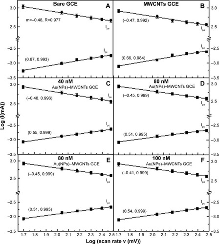 Figure 3 Plots of log (Ipc) and log (Ipa) as a function of log of scan rates in mV s−1.Notes: (A) GCE, (B) MWCNT-modified GCE, and (C–F) 40–100 nM Au(NP)–MWCNT-modified GCE. Linearly varying trend was the indication of diffusion-controlled electrochemical processes. In parentheses, the first term represents the slope while the second term denotes the correlation coefficient (R).Abbreviations: Au(NPs), Au nanoparticles; GCE, glassy carbon electrode; MWCNTs, multiwalled carbon nanotubes.