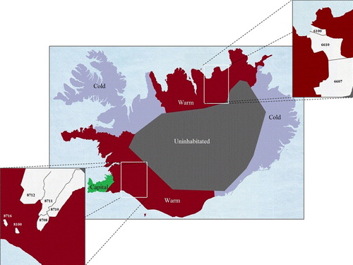 Figure 2. Map of Iceland showing the study areas: 1) Geothermal heating area, two enlarged parts with community codes, 2) Cold reference area, 3) Warm reference area, 4) Capital and South West area, and 5) Uninhabited area. Modified with permission from National Land Survey of Iceland.