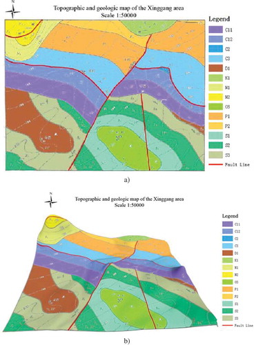 Figure 13. Topographic and geologic map of the Xinggang area at, scale of 1:50,000. (a) 2D perspective of the Xinggang area; (b) 3D perspective of the Xinggang area