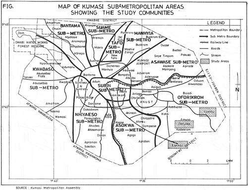Figure 1. Map of Kumasi sub-metropolitan areas showing the study areas.