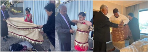 Figure 3. Tongan elders demonstrate cultural practices in diaspora – these kie are fine mats worn on special occasions. The pictures on the left show grandparents preparing their granddaughter to perform at a family wedding. These same grandparents are preparing their son, the groom on his wedding day. Photo credit: Inez Fainga‘a-Manu Sione; photos used with permission granted 13 June 2022.