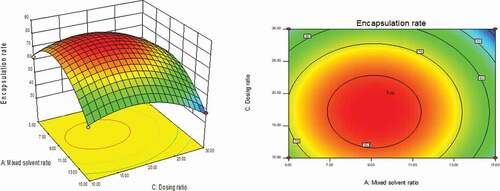 Figure 3. Curved surface effect diagram of the influence of dosing ratio and mixed solvent ratio on the encapsulation efficiency