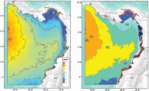 Figure 2. Dynamic biogeographic regions (DBGRs) of the Panama Bight, generated from an analysis of the Orthogonal Empirical Function of the Rrs412 and Rrs488 remote-sensing reflectance of the MODIS-Aqua sensor (2002–2019). The left panel shows the first standardized empirical orthogonal Function (SEOF1) for the average annual, and the right panel shows the DBGRs. (R1) West; (R2) Panama Bight West; (R3) Panama Bight Central; (R4) Panama Bight East; (R5) South-Ecuador; (R6) Panama Bight Transition; (R7) Panama Gulf; (R8) Norte-Choco Region; (R9) Coast-South; (R10) Coast-North; and (R11) Coast-Central).