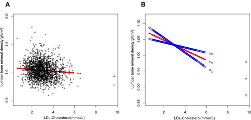 Figure 1 The association between low-density lipoprotein cholesterol and lumbar bone mineral density. (A) Each black point represents a sample. (B) Solid red line represents the smooth curve fit between variables. Blue bands represent the 95% of confidence interval from the fit. Age, gender, race, educational level, BMI, family income-to-poverty ratio, moderate activities, smoking at least 100 cigarettes over the life period to the point of data collection, diabetes status, hypertension status, ALT, AST, total calcium, blood urea nitrogen, serum uric acid, and serum phosphorus were adjusted.