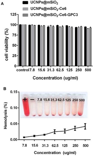 Figure 5 (A) The MTT assay using L02 cell lines incubated with different concentrations of UCNPs@mSiO2, UCNPs@mSiO2-Ce6 and UCNPs@mSiO2-Ce6-GPC3. (B) The hemolysis assay of UCNPs@mSiO2-Ce6-GPC3 using human blood red cells.