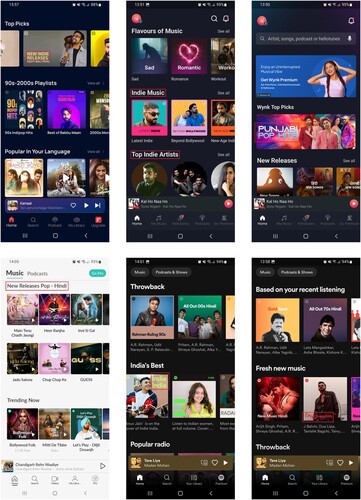 Figure 2. Promotion of ‘indie’/‘pop’ music on Indian MSPs (Top row, L-R: Gaana, Wynk Music, Wynk Music; Bottom row, L-R: JioSaavn, Spotify, Spotify). Source: screenshots taken by author Lal.