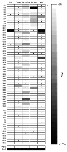 Figure 4 Hypermethylation of cell-free serum DNA at five gene promoter regions in ESCC patients (n = 45) and healthy individuals (n = 15). S, ESCC samples; HI, healthy individuals samples; WBC DNA isolated from the WBCs of healthy volunteers served as a negative control and SssI treated fully methylated DNA served as positive control. NIM was color-scaled between white (representing no methylation detected) and black (indicating that ≥10% of bisulfite-converted input copies were methylated). Asterisk indicates NIM values less than 0.5% but greater than 0.