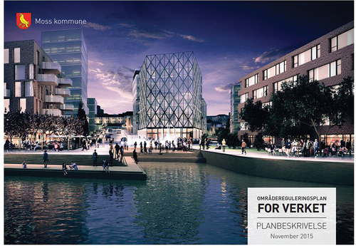 Figure 4. Front page of the document for verket, which shows the possible end result of the development of verket. The page is from Moss kommune, Asplan Viak AS, ‘områdereguleringsplan for verket. Planbeskrivelse. November 2015’ (2015). Part of planning documents available to the general public. Photocopy: NIKU.
