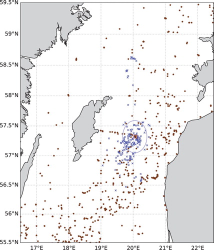 Figure 6. Locations of CTD profiles from ICES data (red stars) and Argo profiles (blue crosses) studied in this paper. The Most frequent measuring point, BY15 (57.32 N 20.05 E), which is also the starting point of all three Argo missions, is marked with a light red circle. The light blue circle marks the 30 km radius from the By15.