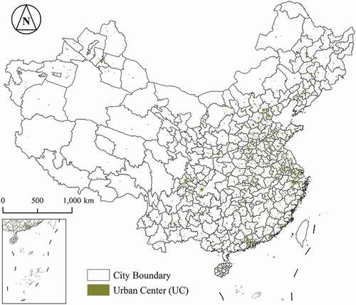 Figure 2. Distribution of urban centres in 331 cities in China.