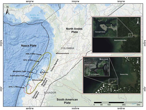 Figure 1. Study area and approximate rupture areas of documented historical tsunami precursor earthquakes