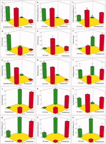 Figure 1. 3D plots illustrating the effect of phospholipid type, phospholipid amount and SGC amount on (A–C) % CBE entrapment efficiency, (D–F) vesicle size, (G–I) polydispersity index, (J–L) zeta potential and (M–O) % CBE release efficiency.