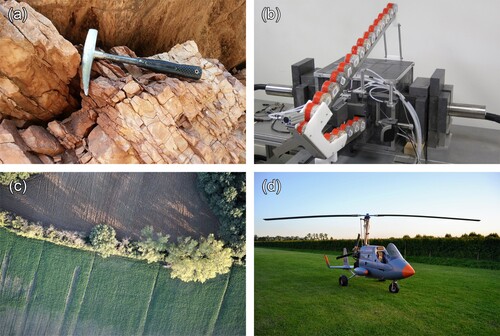 Figure 2. (a) Outcrop of a Rocky Formation (RF) where a rock sample was collected and then measured in laboratory with the (b) MCA_Rad system comprised of two HPGe detectors, an automatic sample changer, and a copper and lead shielding. (c) Aerial photo of a Quaternary Deposit (QD), investigated through airborne gamma measurements performed by (d) the Radgyro aircraft, equipped with NaI(Tl) detectors.