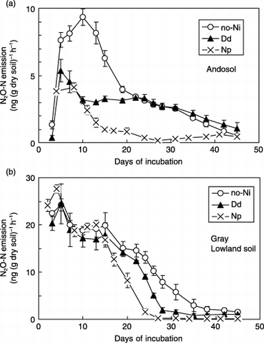 Figure 1  Nitrous oxide emission from an Andosol and a Gray Lowland soil amended with nitrification inhibitors under water-saturated conditions. (Bars represent the standard deviation.)