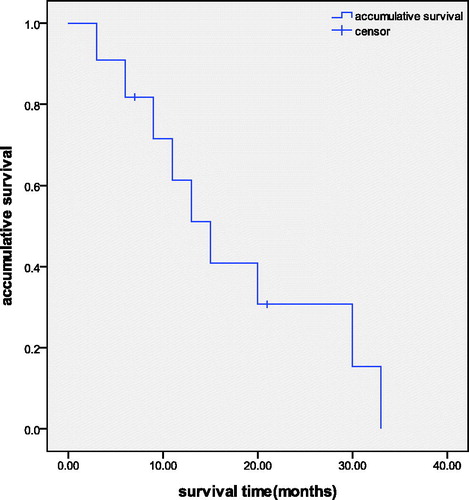 Figure 2. Analysis of the accumulative survival rate of patients accepting MWA treatment for the intrahepatic recurrence of HCC. The 3, 6, 9, 12, 18 and 24 months accumulative survival rates were 90.9%, 81.8%,71.6%,51.5%,30.7% and 15.3%, respectively.