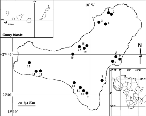 Figure 1 Map of El Hierro Island with location of the apiaries investigated(in parentheses altitude a.s.l.): 1 – El Mocanal, El Cernícalo (300 m); 2 – El Mocanal, El Cernícalo (350 m); 3 – Guarazoca, La Peña (550 m); 4 – Hoya de Lemus (800 m)+Los Valles (300 m); 5 – Isora, La Fuente (550 m); 6 – Isora, Las Playecillas (50 m); 7 – Isora, El Risco (600 m); 8 – El Pinar, Campos Viejos (500 m); 9 – El Pinar, Hoya de los Roques (300 m); 10 – El Pinar, Hoya de los Roques (320 m); 11 – El Pinar, Montaña Quemada (400 m); 12 – El Pinar, El Julan, El Pinito (500 m); 13 – La Dehesa, Hoya de los Cariles (700 m); 14 – La Dehesa: Hoya de los Cariles (600 m); 15 – La Dehesa, Santuario de la Virgen (675 m); 16 – Las Toscas (400 m); 17 – Los Mocanes (200 m); 18 – El Unchón, Pié Risco (400 m); 19 – Las Lapas (400m).
