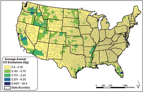 Figure 1. Average annual CO emissions (Gg) from crop residue burning by county for the CONUS (projection: Albers Equal Area Conic).