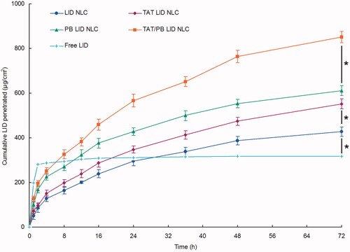 Figure 5. In vitro percutaneous penetration effect of NLC. In vitro skin permeation study was carried out in Vertical Franz-type diffusion cells with cross-sectional area of 5.93 cm2 and 7.0 mL cell volume. Data presented as mean ± standard derivation (n = 6). *p < .05.