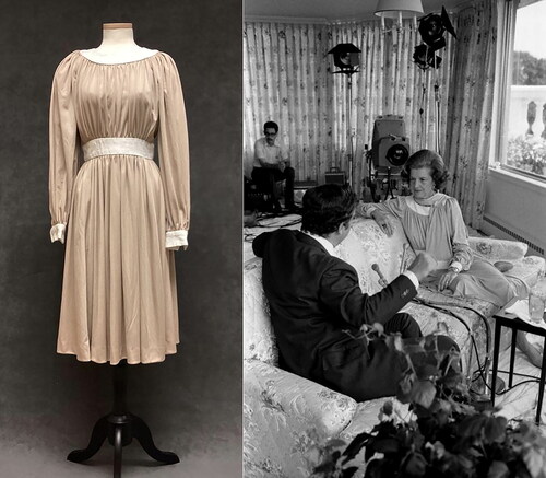 Figure 8a and b a: Luis Estévez, full front view of a beige and cream-colored, knee-length day dress, fabric and metal, 1974–75. ISU Textiles and Clothing Museum, 2022.7.4. Photograph by authors. <https://tcm.catalogaccess.com/objects/11340> b: First Lady Betty Ford wearing the same dress during her CBS 60 Minutes interview with Morley Safer in the White House Solarium, July 21, 1975. Courtesy Gerald R. Ford Presidential Library. <https://www.fordlibrarymuseum.gov/images/avproj/pop-ups/a5611-34a.html>