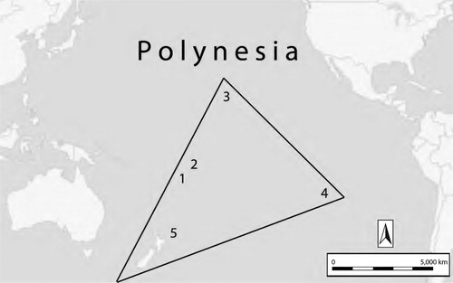 Figure 1. Map of the Islands of Polynesia. Islands, or island groups, referenced in the text: 1) Tonga, 2) Samoa, 3) the Hawaiian Islands, 4) Rapa Nui (Easter Island), and 5) Aotearoa (New Zealand).