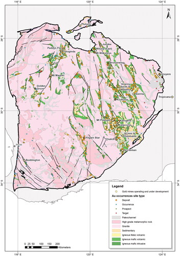 Figure 7. Yilgarn gold deposits with location of deposits mentioned in Table 2. Shown are gold mines mentioned in text. In italics, Golden Grove is a base metal mine with gold credits.