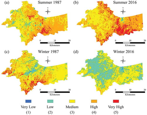 Figure 5. Normalized and reclassified LST maps of Greater Amman Municipality in (a) 13 July 1987, (b) 12 July 2016, (c) 18 January 1987, and (d) 3 February 2016.