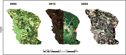 Figure 2. False color Landsat images of Jajura town of the year 2002, 2012, and 2022.