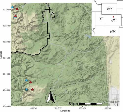 Figure 2. Study site locations within Rocky Mountain National Park (Larimer County) and adjacent to Niwot Ridge (Boulder County), Colorado, USA. Blue triangles = active rock glaciers, red triangles = fossil rock glaciers. Black boundary delimits the southeastern portion of Rocky Mountain National Park.