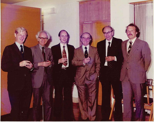 Figure 9.1. (colour online) Celebrating the Queen’s Award for Technological Achievement in 1979 to the University of Hull, the RSRE and BDH Ltd. From left to right: John Kirton, Cyril Hilsum, Peter Raynes, George Gray, Ben Sturgeon and Martin Pellatt (taken at the University of Hull, 1980). © [University of Hull]. Reproduced by permission of the University of Hull who supplied the picture to G. W. Gray who supplied it then to M. G. Pellatt.