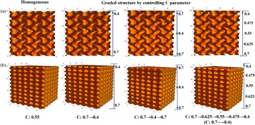 Figure 3. Structural design of two types of TPMS: (a) homogenous and gradient C regions of gyroid and (b) homogeneous and gradient C regions of diamond. The variation of C values is illustrated in the figure.