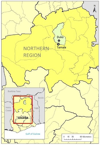 Figure 2. Map of the Northern Region (pre-2020) in Ghana, highlighting the case study site Duko and the regional capital Tamale (black circles).