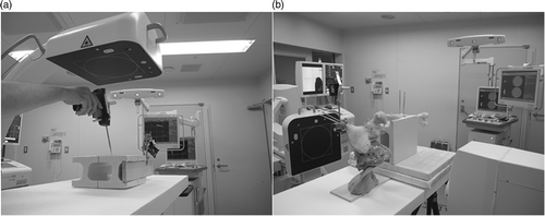 Figure 2. Experimental set-up of the geometric phantom study (a) and dry bone study (b). The C-arm was placed on the left side of the operation table and the navigation system was placed at the caudal end. In the geometric phantom study, the plane of the phantom with the markers affixed faced upward.