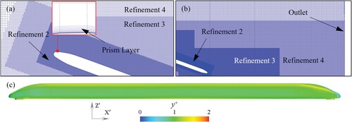 Figure 5. Top views of mesh densified region: (a) leading vehicle, (b) near wake region, and (c) wall y+ of train surface.