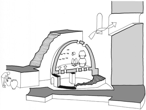 Figure 6. Reconstruction of the kiln (pots illustrative only) (N. J. Warner).