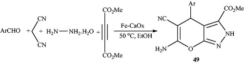 Scheme 72. The use of Fe-CaOx for the synthesis of 2,4-dihydropyrano[2,3-c]pyrazoles.