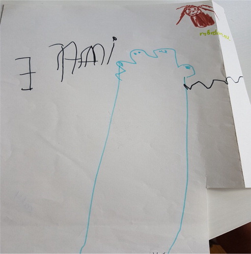Figure 5. Drawing by a child (G18), placed in the fourth category, who made up her own story that includes bacteria.