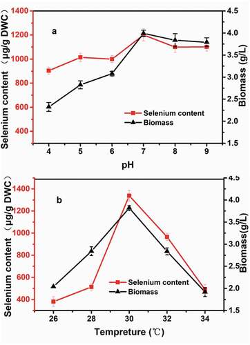 Figure 1. Influence of pH (a) and temperature (b) on the biomass and selenium content of R. glutinis X-20.