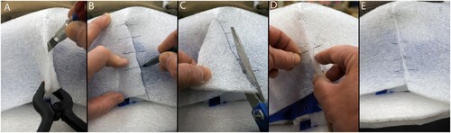 FIGURE 8. The sequence to create a sewn dart is: A, cut the liner to where the crease begins; B, overlap the sides, mark the seam line along the cut edge, and draw hash marks across that edge; C, cut the resulting wedge out of the bottom section of the overlap; D and E, line up the hash marks and stitch the seam together with polyester thread.