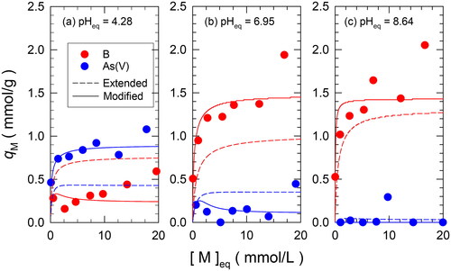 Figure 3. Adsorption isotherms of B and As(V) in binary systems at (a) pHeq = 4.28 ± 0.06, (b) pHeq = 6.95 ± 0.08, and (c) pHeq = 8.64 ± 0.06. The pH was adjusted using HCl/NaOH. The calculated values of the adsorption isotherms from the extended Langmuir model are shown as dotted lines, and those from the modified Langmuir model are shown as solid lines.