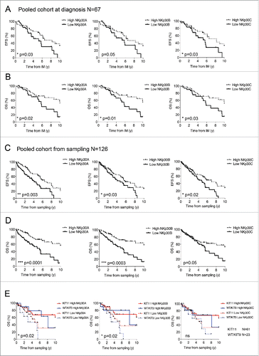 Figure 3. Relative expression levels of NKp30 isoforms predict EFS and OS in metastatic GIST patients. Event-free survival (A & C) and overall survival (B & D) of metastatic GIST patients according to the median relative expression of NKp30A (left), NKp30B (middle) and NKp30C (right) isoforms, was assessed at the start of imatinib mesylate (IM) therapy at diagnosis (A–B, n = 67) and at the time of sampling (C–D, n = 126) by univariate analysis using the Kaplan–Meier method. (E) Kaplan–Meier curves of overall survival based on combination of the relative expression of NKp30 isoforms with the KIT11 mutation status are shown for the pooled cohort (n = 126). *p < 0.05, **p < 0.01, ***p < 0.001 by Log-rank (Mantel–cox) test.