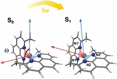 Figure 2. Structures of ground (S ) and photo-excited (S ) states of [Cu(dmphen) ]. Blue and red vectors show the orthogonal direction of N-Cu-N planes. is the angle between these vectors and its reductions represents the flattening of ligands. Color code: Cu = pink, N = blue, C = gray, H = white. Reprinted figure with permission from [Citation67].