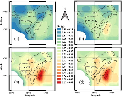 Figure 10. Spatial variation in PGA for 10% probability in 50 years for SC A. (a) 5th percentile (b) 16th percentile (c) 84th percentile (d) 95th percentile.