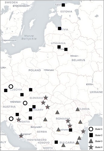 Figure 12. Spatial distribution of metropolitan regions in the recovery stage, according to their cluster membership, aggregated form.